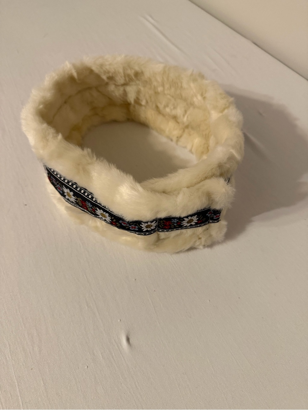 Nordic Cream Faux Fur Headband with Embroidered Trim